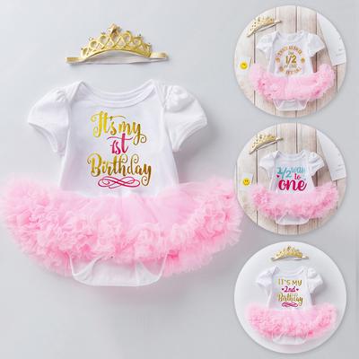 Newborn Infant Baby Girls Birthday Letter Print Tulle  Romper Dress Clothes
