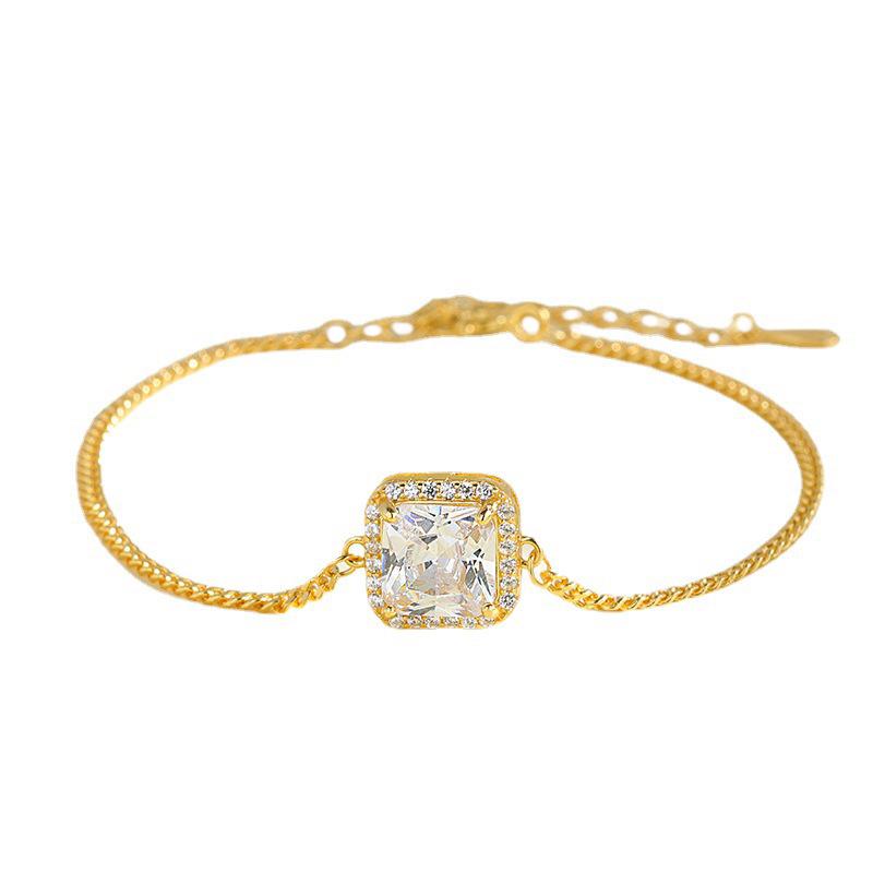 S925 Sterling Silver Yellow Diamond Square Ring with Citrine, Women's Gold Tone, Fashionable Light Luxury Jewelry