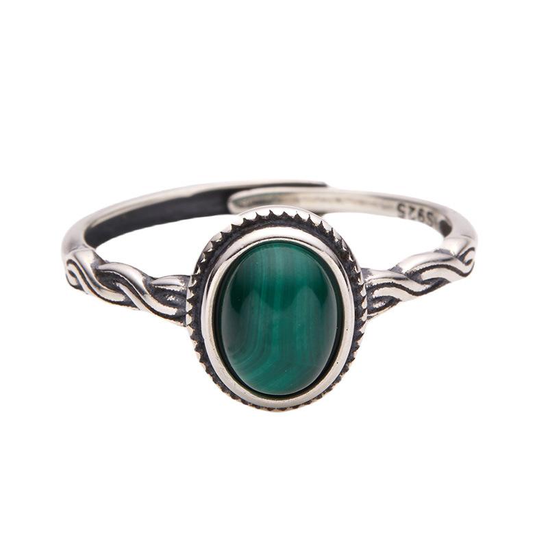 S925 Sterling Silver Natural Malachite Opal Color Treasure Ring Women'S Personality Retro Thai Silver Twist Striped Ring