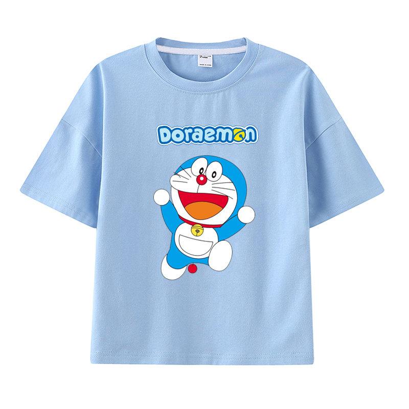 Pure Cotton Childrens Shortsleeved Tshirt for Summer Boys and Girls Halfsleeved Childrens Clothing with Doraemon Pattern