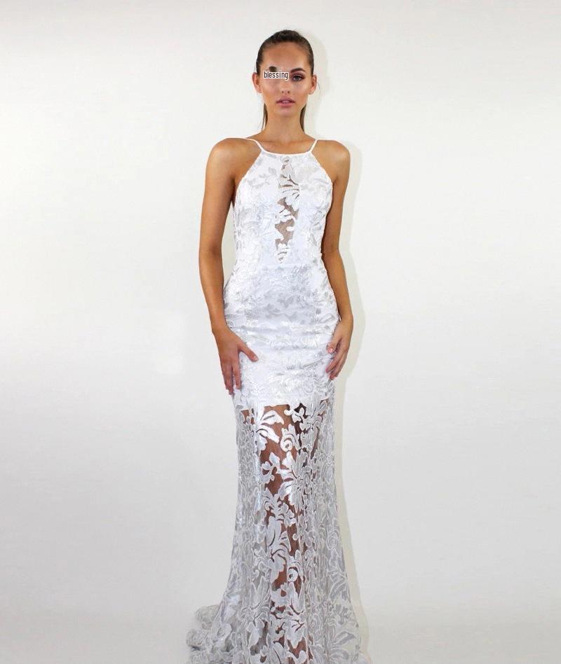 Europäisches & Amerikanisches Sexy Spaghetti-Träger Mesh Stickerei Rückenfreies Abendkleid für Damen