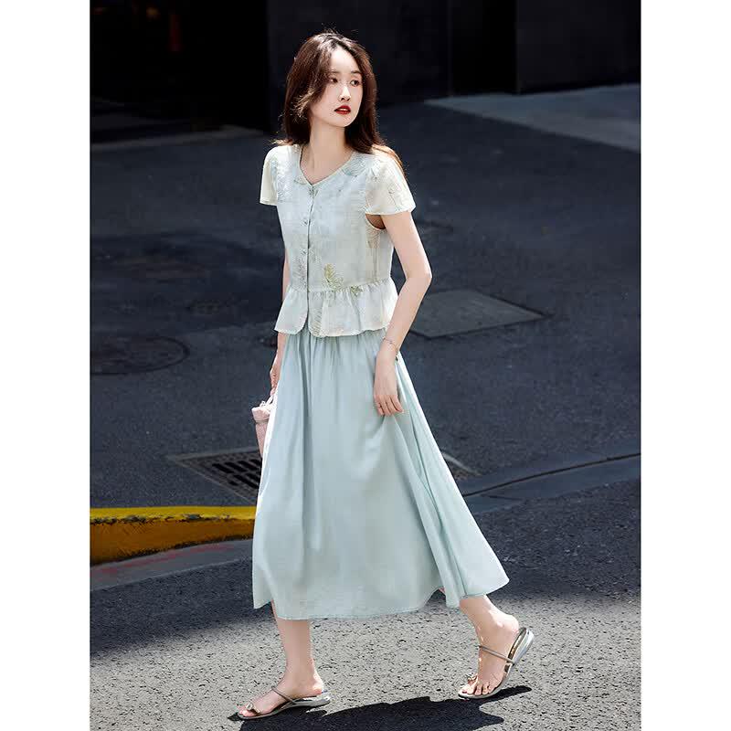 Petite New Chinese Style Sequined A-Line Skirt Set