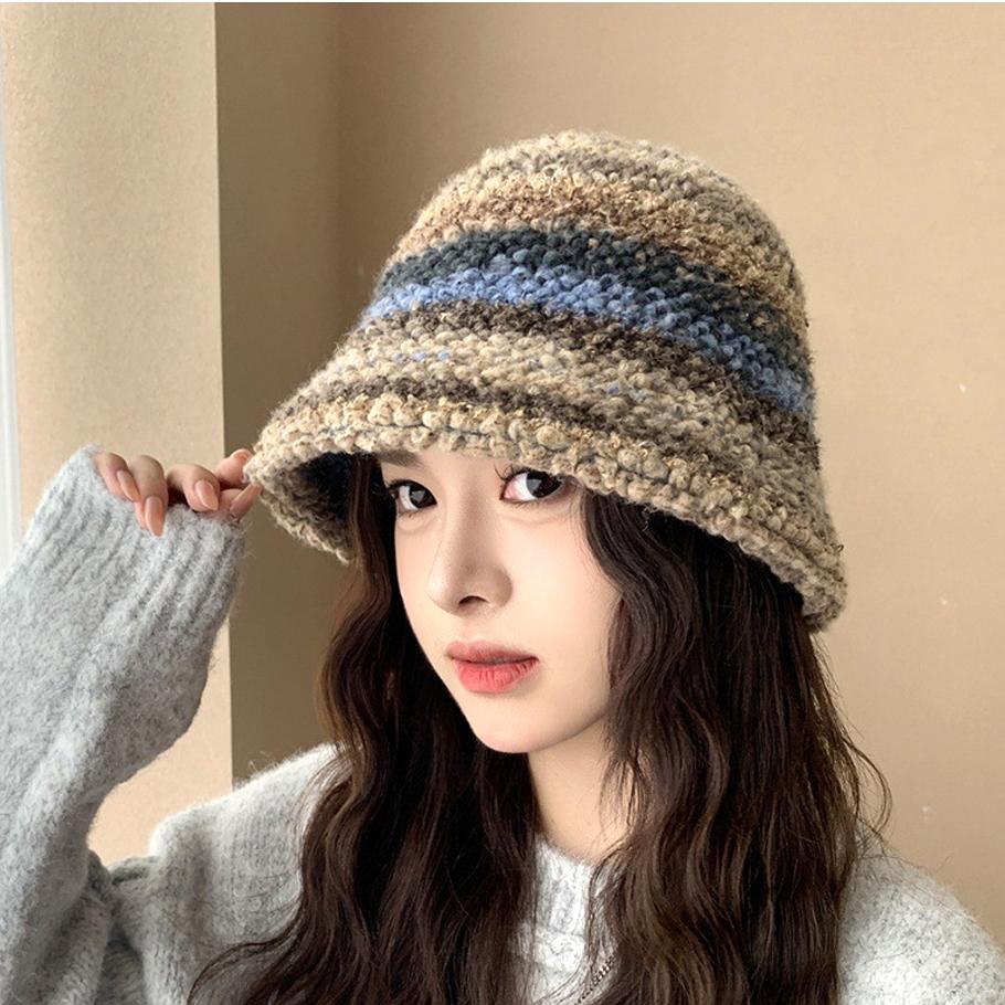 Colourful Knitted Bucket Hat Women Korea Autumn Winter Warm Dopamine Warm Fisherman's Hat Star Model Thickened