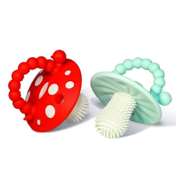Anneau de dentition logopédique pour la poussée dentaire Champignon 2 Pièces. Rouge Et Bleu, Razbaby