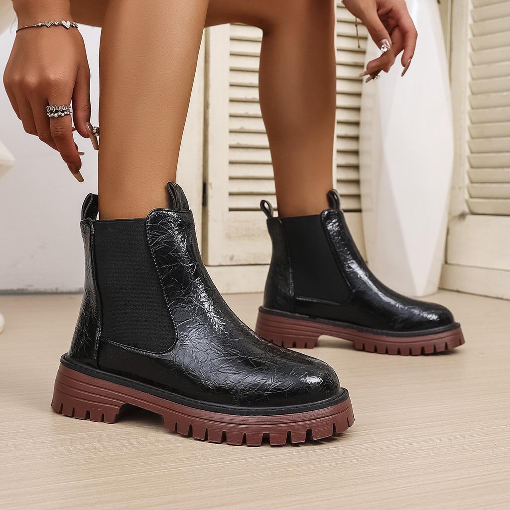 Women's Chelsea Boots Thick Platform Ladies Round Toed Slip On High Top Shoes Classic Winter Mid Heels Women Ankle Boots