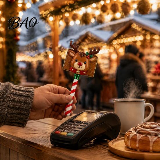 Holiday Retail Display Prop Christmas Payment Wand, Festive Credit Card Holder for Readers, Reindeer Themed Wand Snowman Snowflake Accessory,