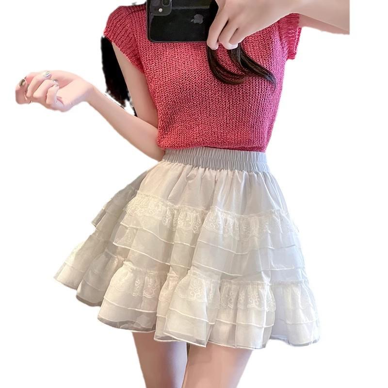 White Lace High-Waist A-Line Midi Skirt - Women's Spring/Autumn Korean Style