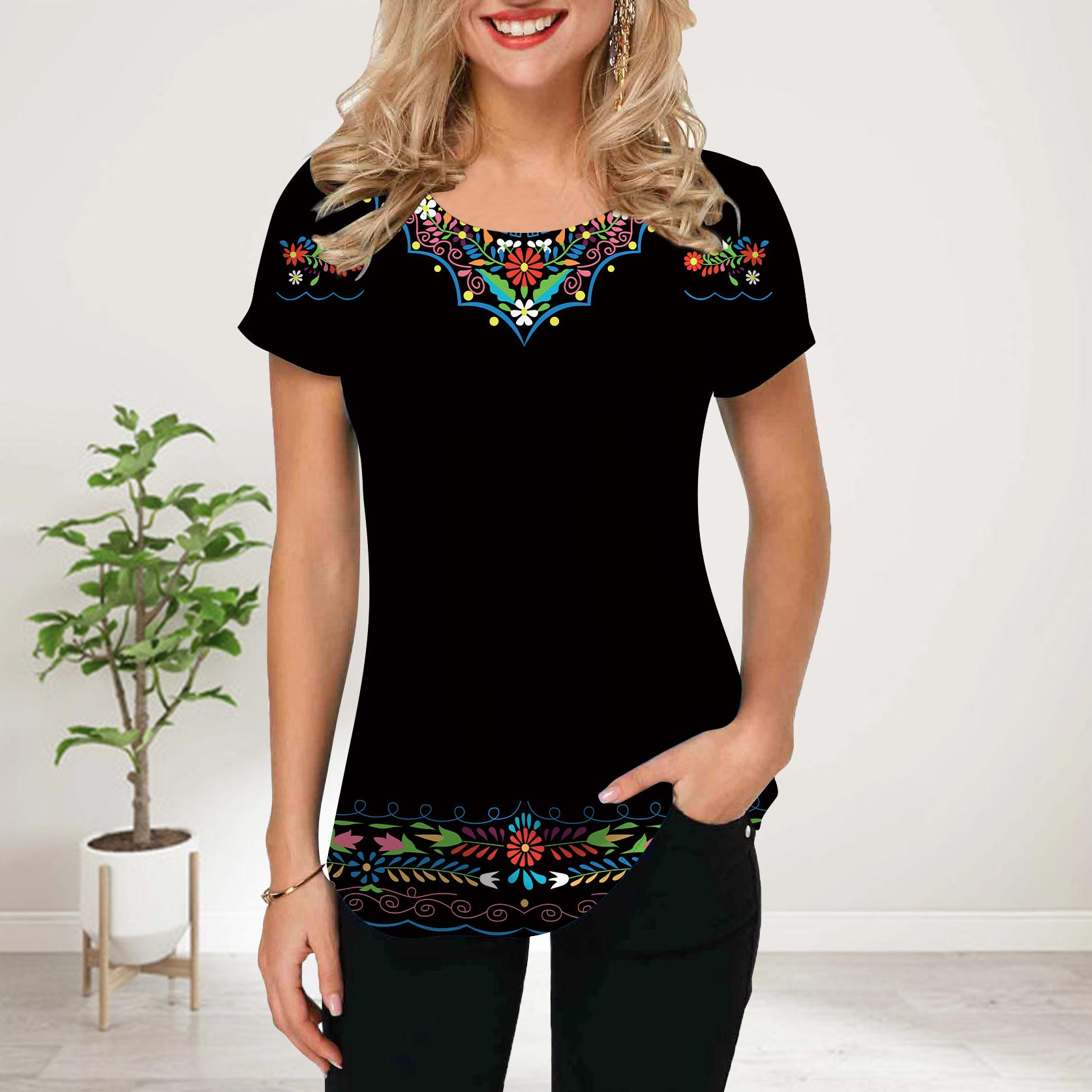 Женская летняя футболка с синим вышитым цветочным принтом — фото 5