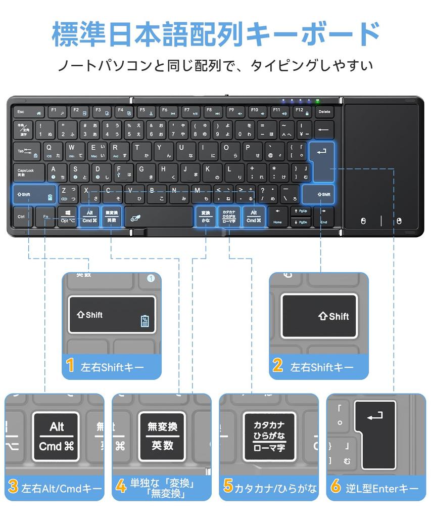 Omikamo Kabellose Faltbare iPad-Tastatur mit Bluetooth, Touchpad, Japanisches Layout, Dual-Use Kabelgebunden & Kabellos, Linke und Rechte Umschalttasten, L-förmiger Ente