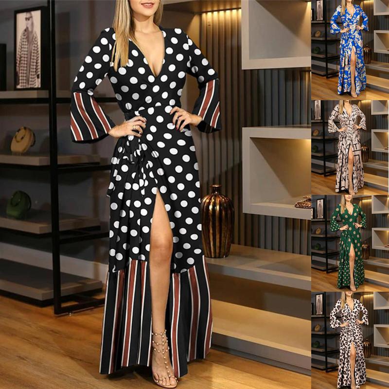 Spring and Autumn Women's Dress Long Sleeve Strappy V-Neck Printed Dresses