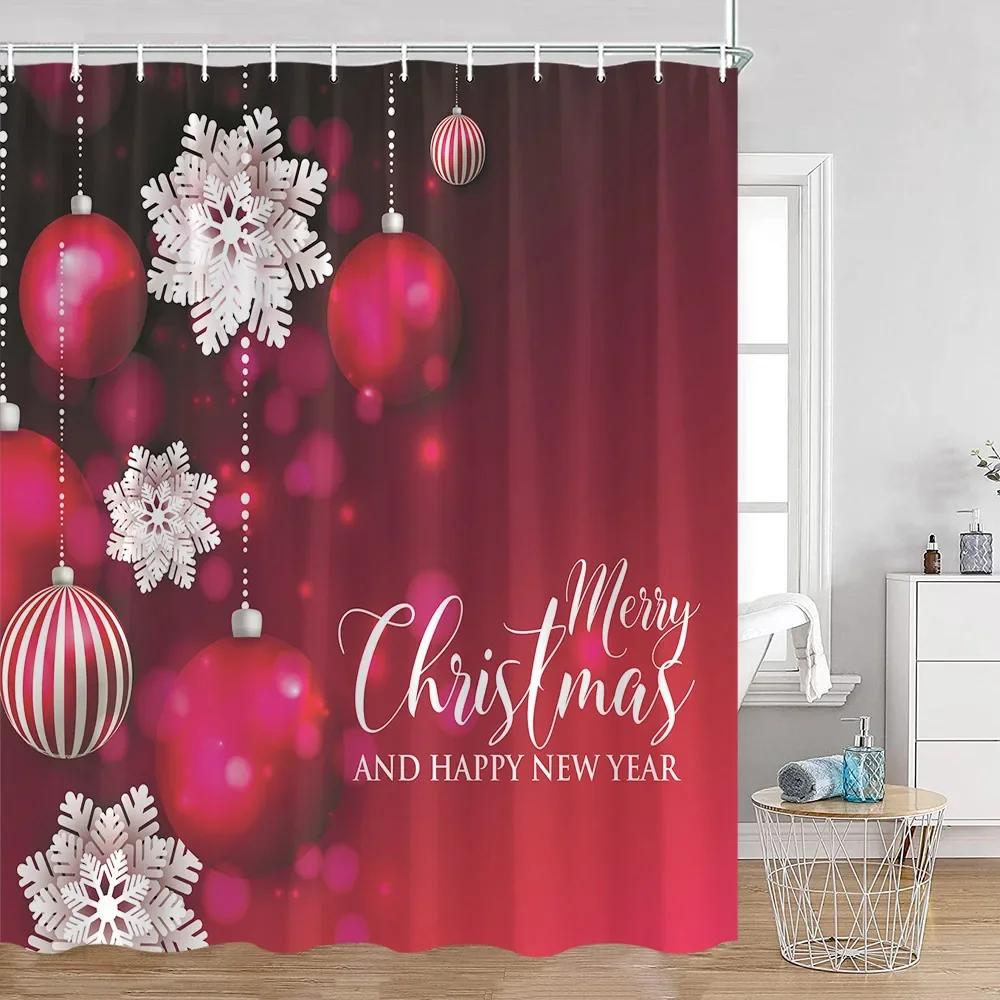 Chritsmas Shower Curtain Red Silvery Ball Xmas Balls Snowflake Pine Leaves Merry Christmas Winter Polyestert Bath Curtain Decor