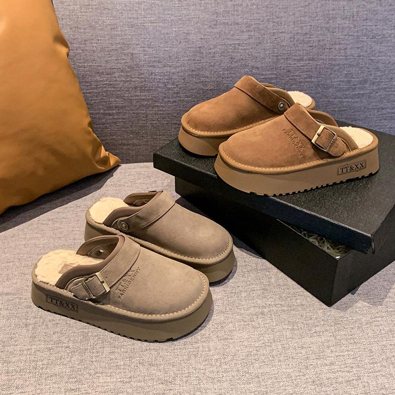 Thick-soled Fluffy Shoes Slippers Women's New Autumn and Winter Outer Wear Velvet Warm Snow Boots Bag Head Half Slippers