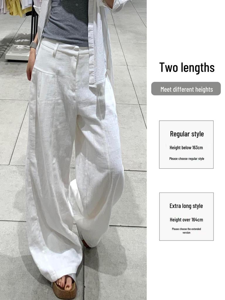 Women's High-Waisted White Linen Wide-Leg Pants - Spring 2026 Old Money Style, Comfortable Straight Cotton Linen Suit Casual Wear
