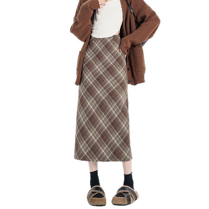 2025 Spring/Autumn High Waist Slit A-line Wool Plaid Midi Skirt for Women