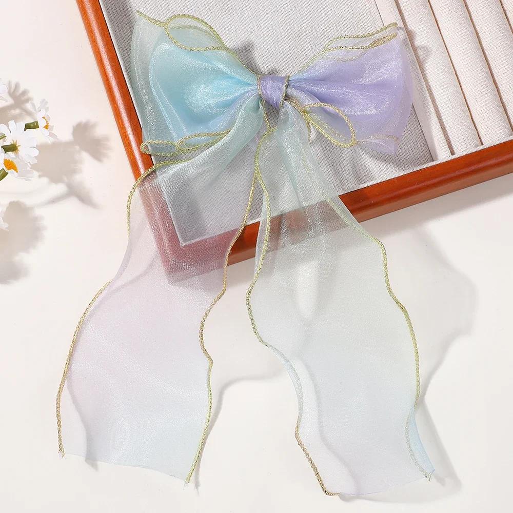 1PCS Rainbow Chiffon Bow Ribbon Hair Clips for Women Girls Cute Colorful Long Tassel Ponytail Hairpins Headwear Hair Accessories