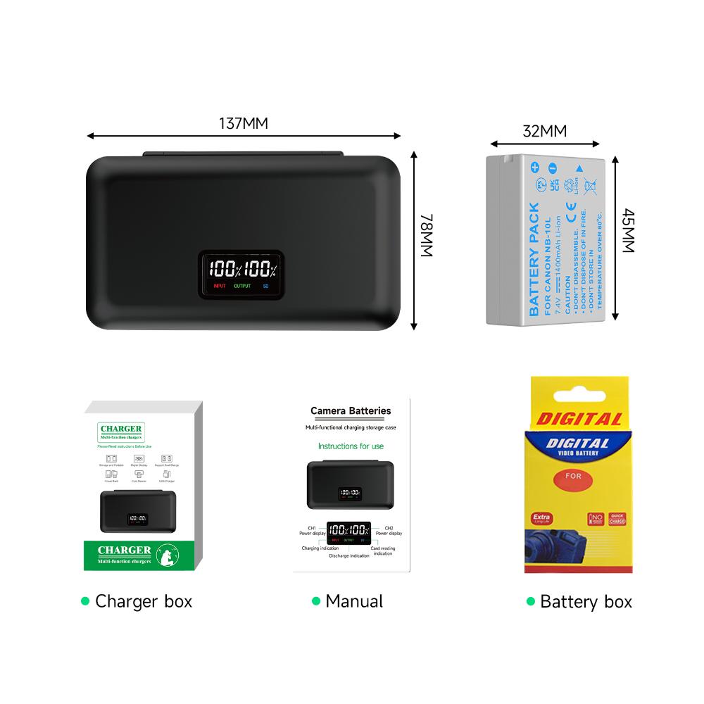 PALO 1400mAh NB-10L NB 10L Battery+Multi-Function Charger Battery Storage Box For CANON G15 G16 G1X SX40 SX50 SX60HS GX3