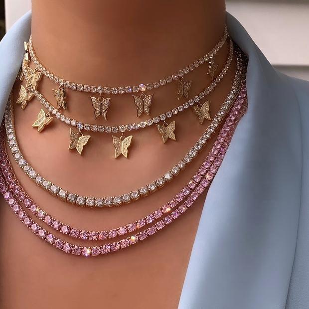 In Stock Fashion Women Iced Out Bling Brass Jewelry CZ Tennis Chain Butterfly Charm Pendant Choker Necklace for Wedding & Party