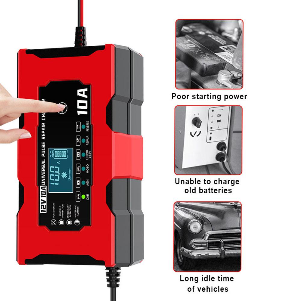 12V 10A 14.6V 10A Iron Lithium Charger Pulse Repair Car Battery Charger Digital LCD Display Smart Battery Charging EU/US Plug