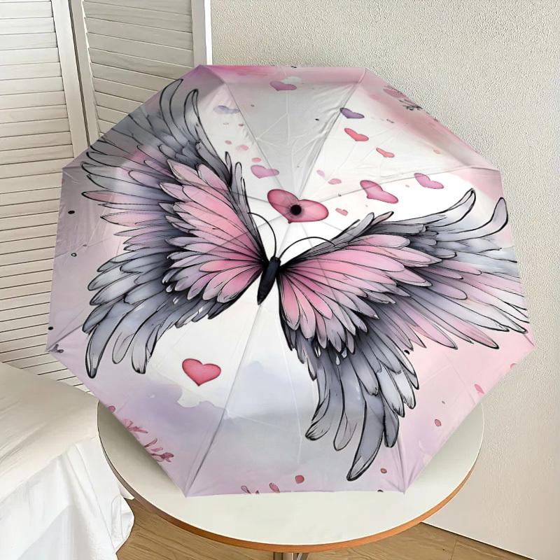 1pc Wings Hearts Automatic Open/Close Umbrella Compact Folding Umbrella with 8-Rib Shaft for Women/Men, Elegant Birthday1190S