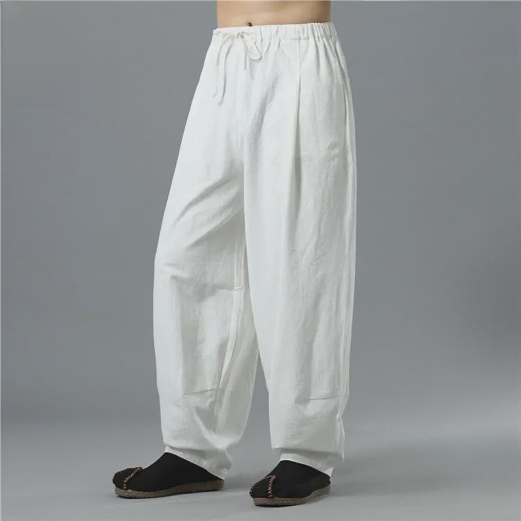 Men's Summer Cotton-Linen Wide-Leg Elastic Waist Pants