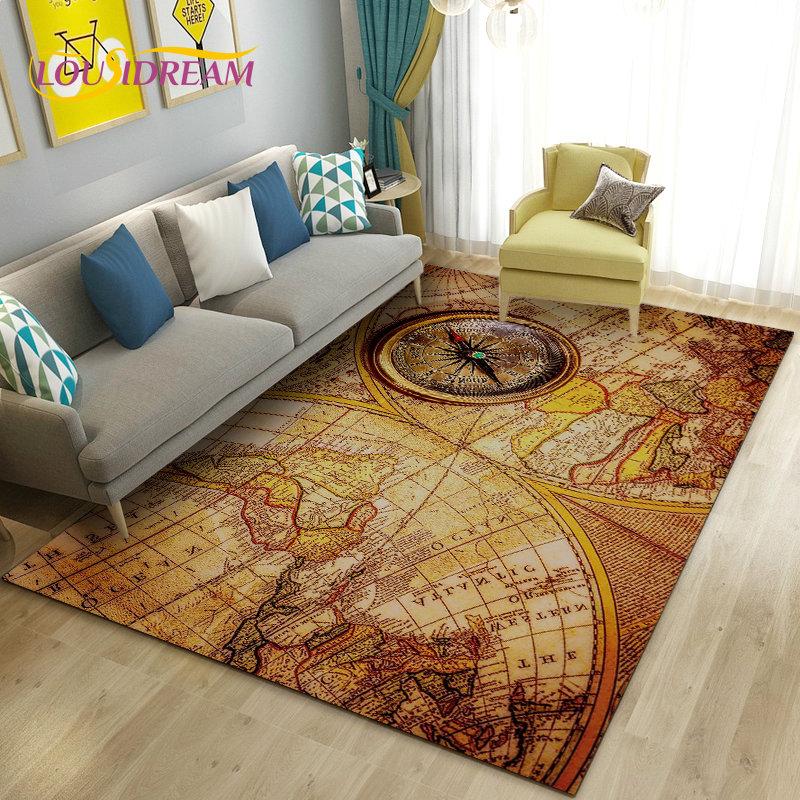 Alfombra retro con diseño de mapa del mundo vintage y brújula, para sala de estar, dormitorio, sofá, decoración, alfombra antideslizante para el suelo