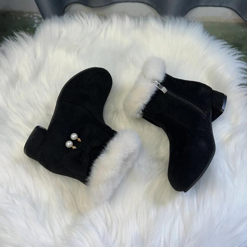 Mädchen Winterstiefel Warm Pelzig Haarig Lässig Kinder Prinzessin Stiefel Schwarz Rot Vielseitig Kinder Knöchelhohe Stiefel Hohe Absätze Schleife