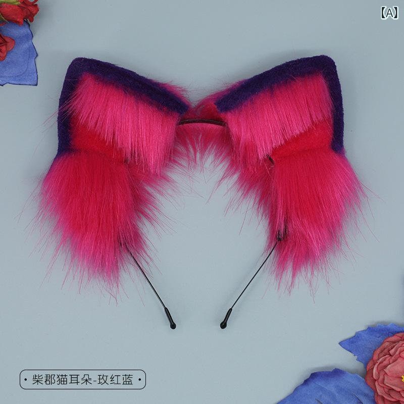 Cosplay Cheshire Cat Beast Ears Headband Tail 2-piece Set Handmade Real Fleece Fluffy Costume Disguise Party Event Halloween Christmas