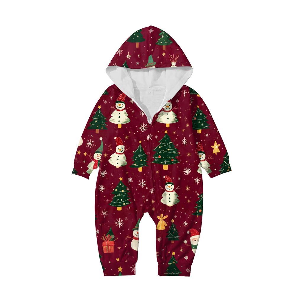Christmas Print Family Matching Hooded Long Sleeved Zippered Jumpsuit Set