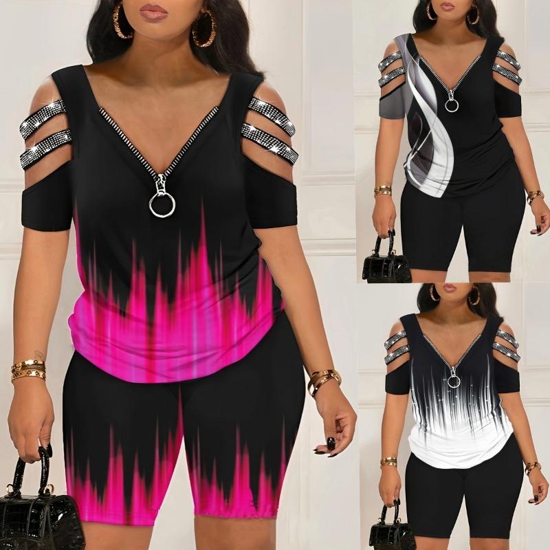 V-neck Zipper Pullover Printed Short-sleeved Fashion Shorts Set