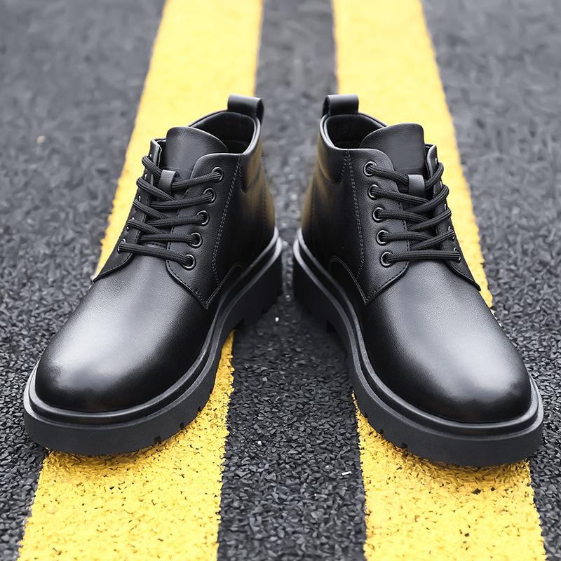 Martin Boots Men's British Style Mid-help Casual Leather Shoes Black Lace-up Tooling Shoes Autumn and Winter New Men's Velvet Shoes