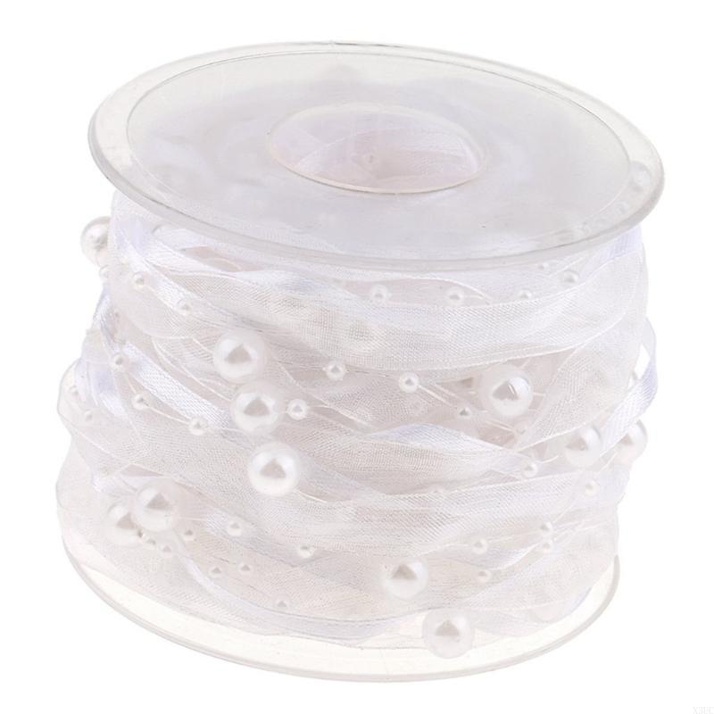 Multipurpose 10m Length White Organza Ribbon with Pearls Detail Accessory for Festival and Artistics Creation 10mm X3UC