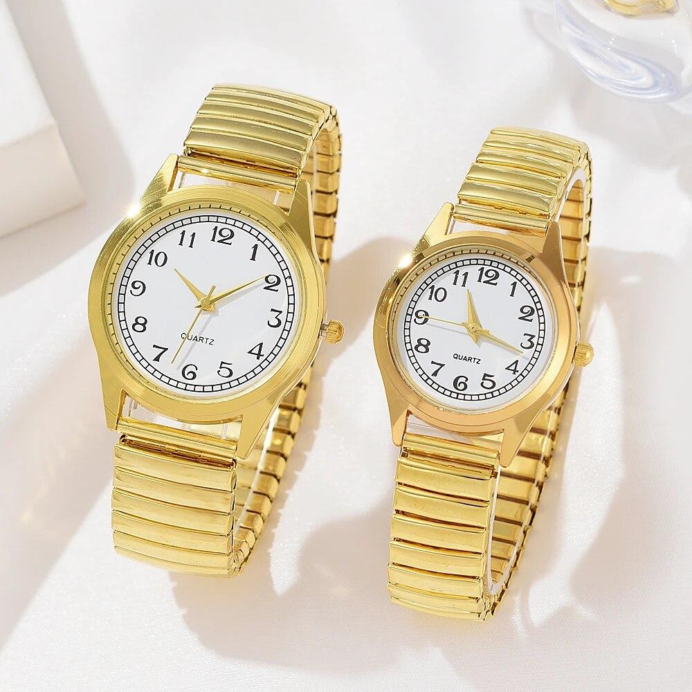 2 STÜCK Gold Retro Runde Zeiger Quarz Uhr Klassische Simulation Elastisches Armband Uhr Geeignet für Männliche und Weibliche Paare