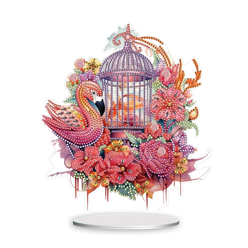 Blauer Vogel Diamantmalerei Schreibtischornamente Set Flamingo Diamantmalerei Schreibtischdekorationen Käfig für Zuhause Büro Schreibtisch Dekor