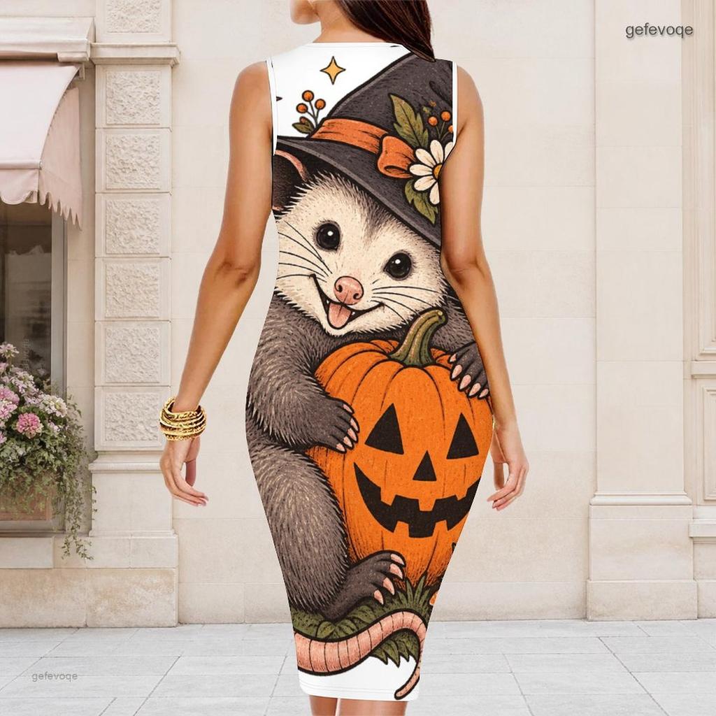 Women Plus Size Round Neck Sleeveless Halloween Sloth Printed Bodycon Midi Dress