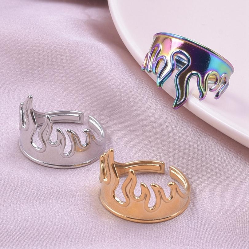 Fire Ring Adjustable Finger Jewelry Stainless Steel Rings For Women Men Accessories Rainbow/Silver/Gold Color Bague Gift