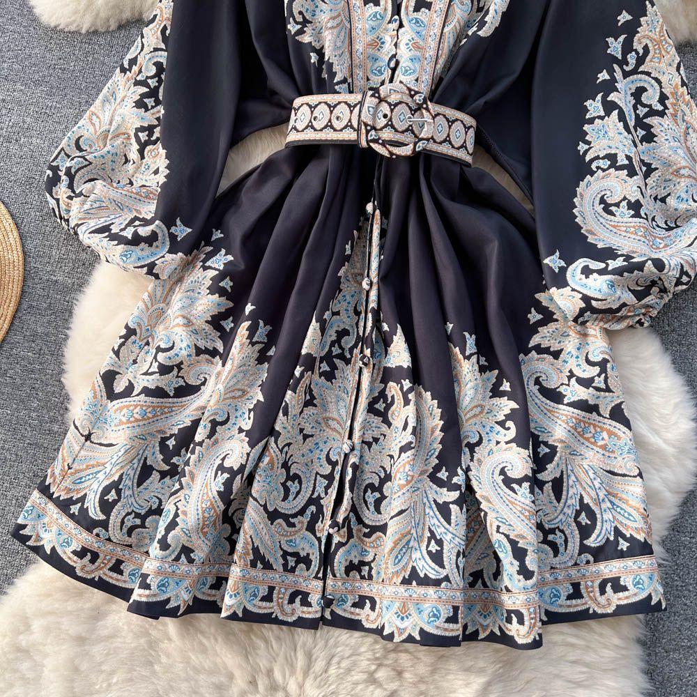 Court Style Retro Printing One Piece Dress Women V-neck Elegant Short Party Dresses Female French Belt High Waist Chic Dress Vacation