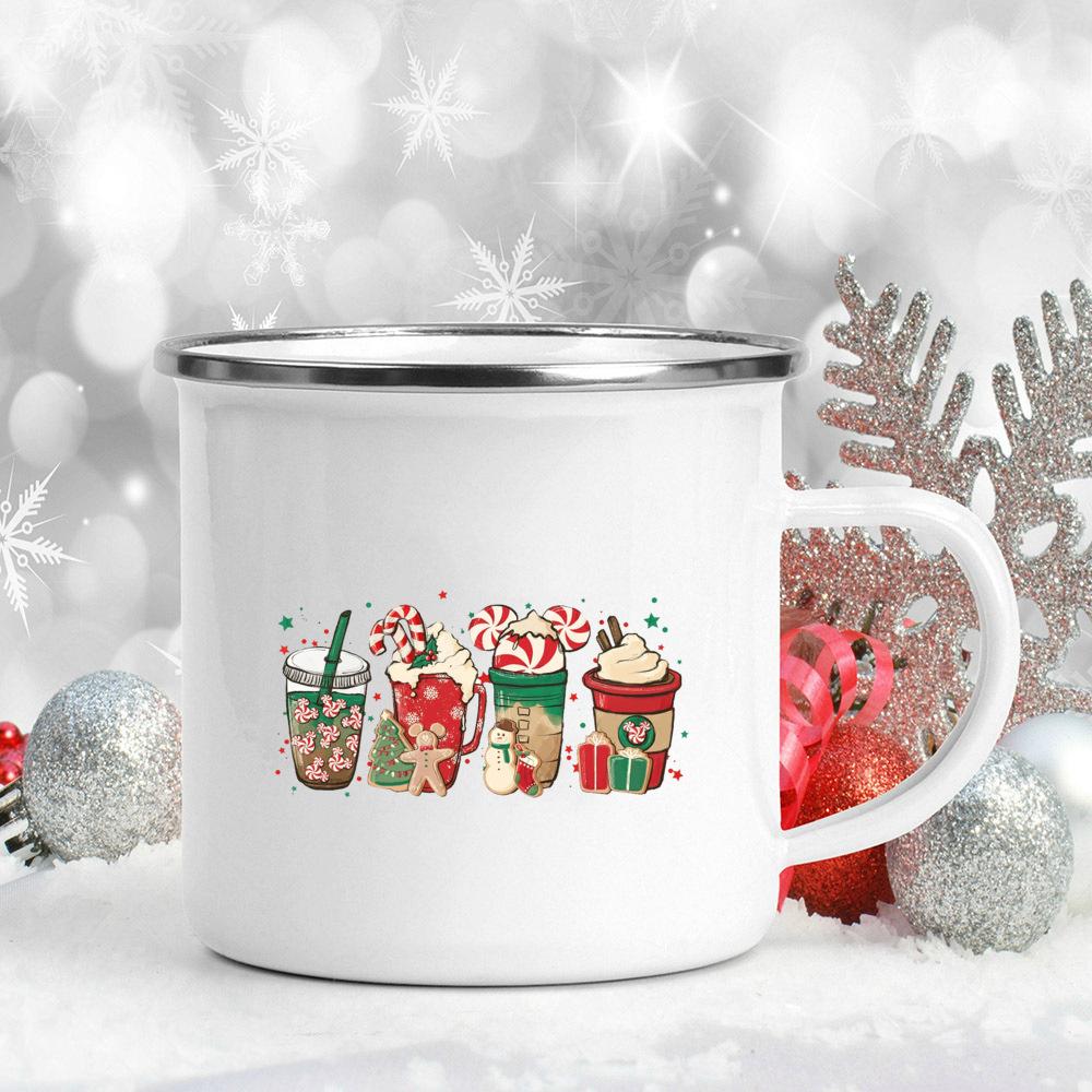Deer Print Mug Enamel Coffee Milk Cups Hot Cocoa Chocolate Mugs Merry Christmas Cup Kitchen Party Decoration Winter Holiday Gift