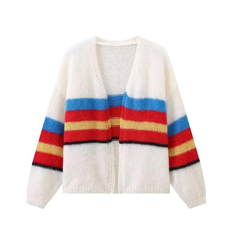 

Осенний корейский шикарный красочный полосатый вязаный кардиган женский элегантный свободный длинный рукав милый свитер женский новый дизайн повседневная модная верхняя одежда L бежевый