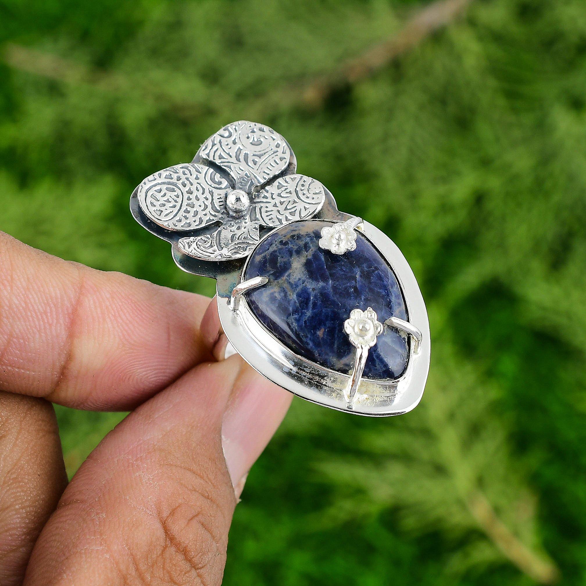 

Gift For Her 925 Silver Natural Sodalite Statement Flower Adjustable Ring Adjustable