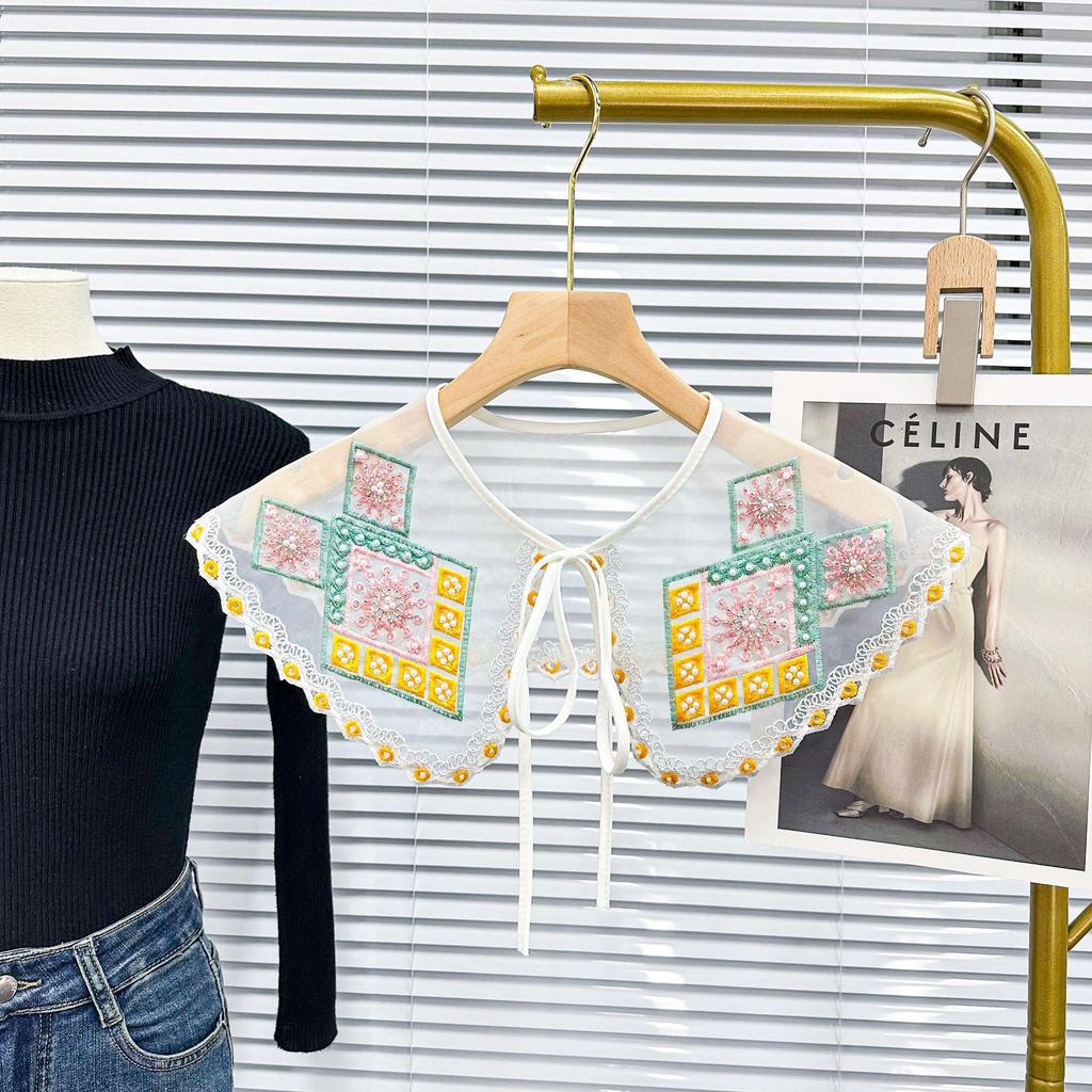 Colorful Embroidered Beaded Bow Tie False Collar - Ethnic Style Floral Design