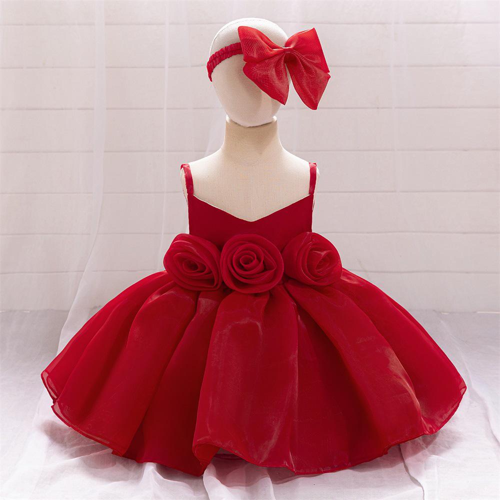 One-Year-Old Baby Princess Dress with 3D Floral Design for Special Events or Piano Performances