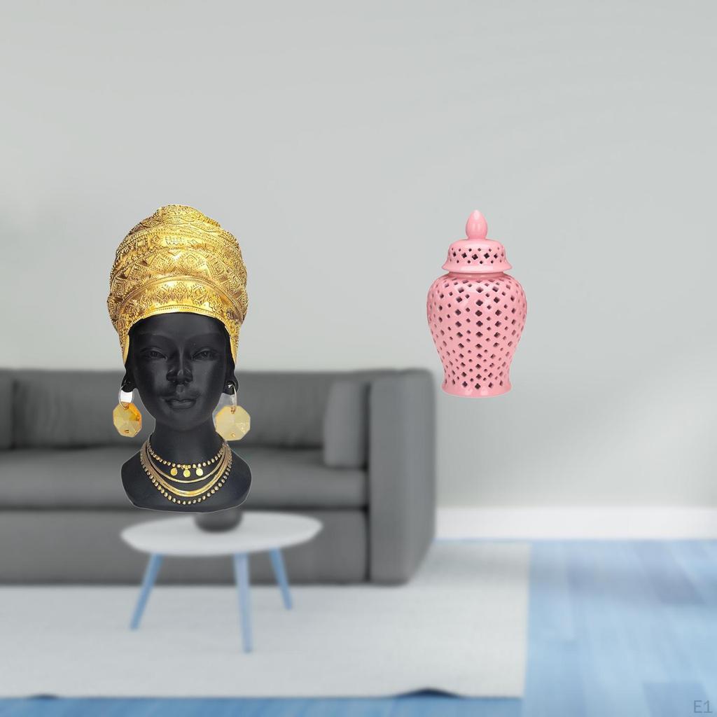 Elegant Resin African Woman Sculpture And Porcelain Ginger Jar Vase Centerpiece for Home Decor