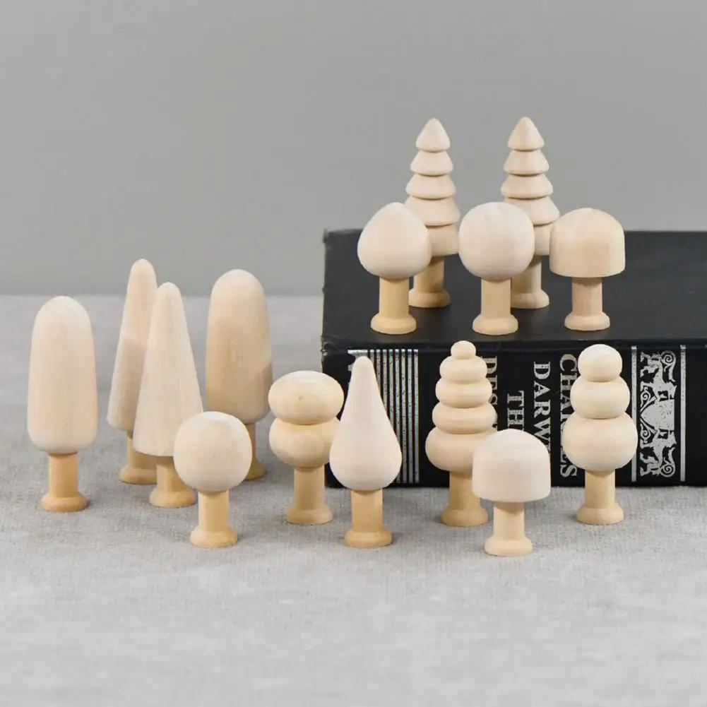 Unfinished Wooden Miniature Tree Painted Crafts Peg Dolls Wood Ornaments DIY Round Corners Kids Toy Mushroom Ornaments