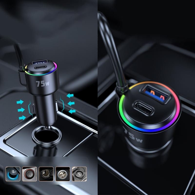 Universal 75W Car Fast Charging with build  In Spring Cable Three  Port  Mobile Phone Charger for Efficient Power Delivery