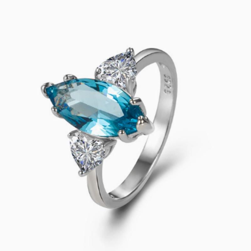 Bridal Wedding Love Water Drop Shining Design French Romantic Horse Eye Blue Zircon Ring Trendy Elegant Jewelry