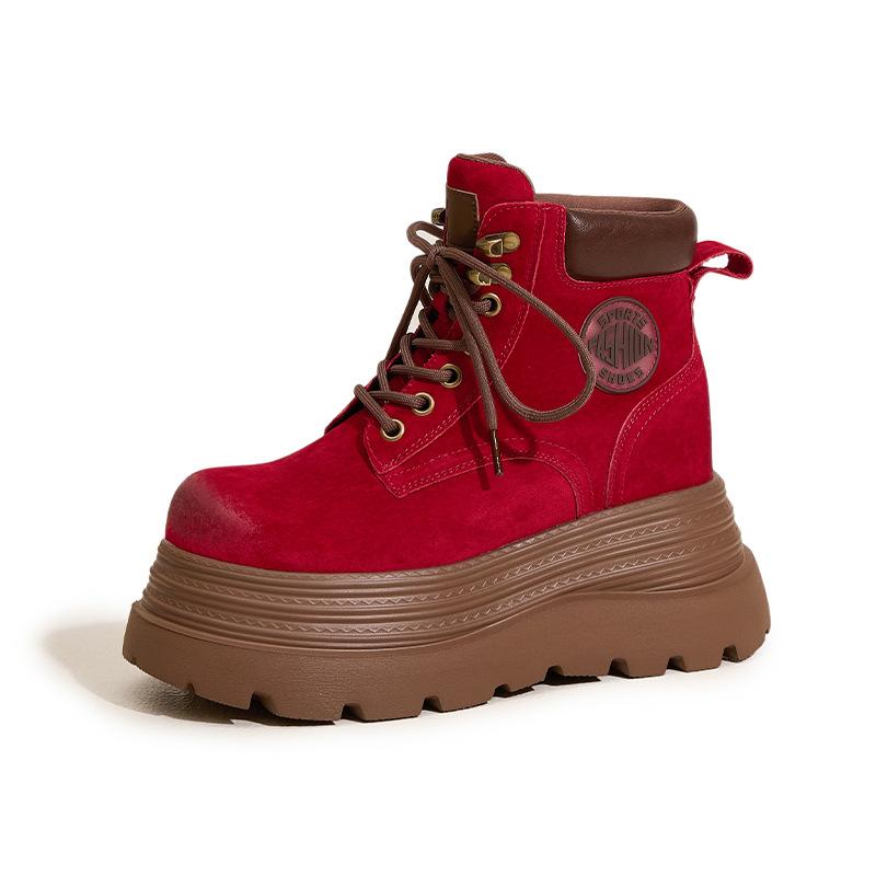 Thick-soled Inner Height-increasing Martin Boots Women's 2025 Autumn and Winter New Rhubarb Boots Medium Tube Velvet Warm Versatile Western Short Boot