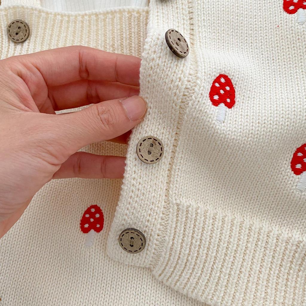 Adorable Baby Girl Mushroom Embroidered Cardigan and Sleeveless Romper Set for Spring Autumn