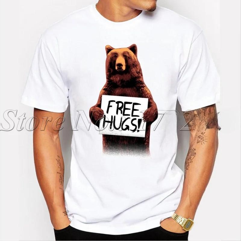 

Cheapest Men customized t-shirt Free Hugs letter printed tops Brown Bear animal design short sleeve hipster funny cool tee 4XL