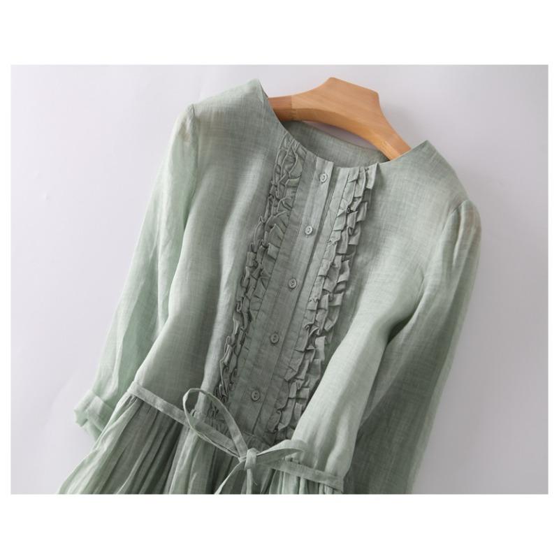 Summer Cotton and Linen Round Neck Lace Up Mid Length Dress