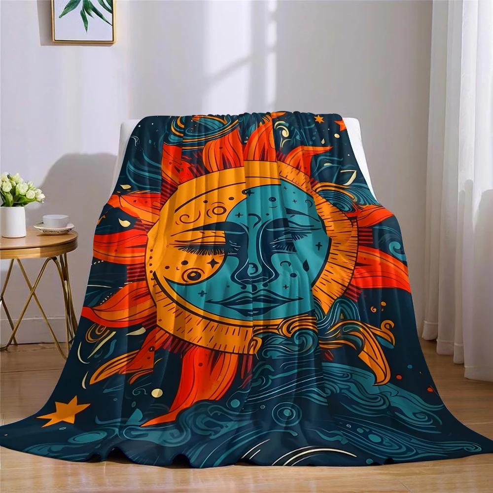 Sun & Moon Tribal Flannel Blanket Warm Soft Halloween Christmas Couch Warm Cozy Decorative Decor Gift for All Season